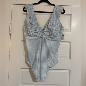Old Navy Light Blue Gingham Ruffle V-Neck One-Piece